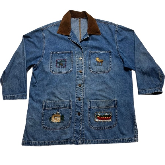 VTG Denim Embroidered Moose Pine Cones Canoe Cottage Chore Jacket XL - Picture 1 of 9